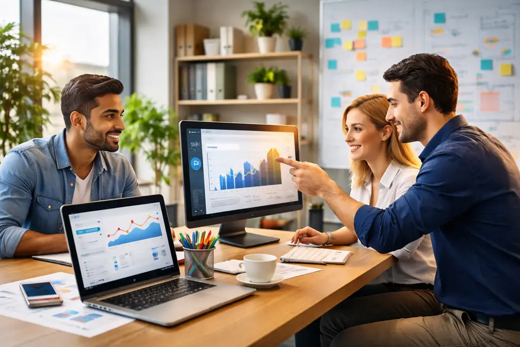 Digital marketing professionals working on analytics in modern office.