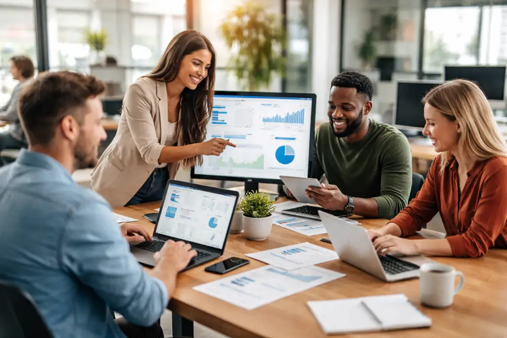 Digital marketing team collaborating in an office with data-driven discussions