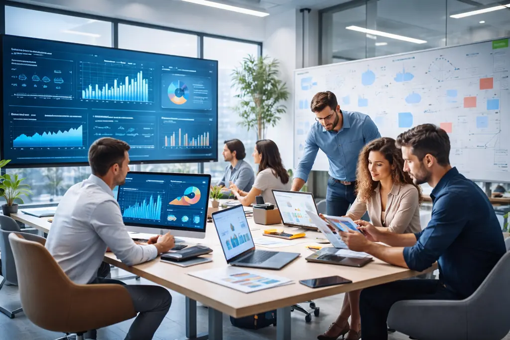 A digital marketing team analyzing data on monitors and laptops in a modern office.